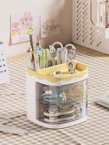 Wavy Layered Desktop Organizer, Wavy Edge High Aesthetic, Desktop Storage & Decoration 2-In-1, Double Layer Transparent Drawer, Partitioned Storage No Clutter, Pen Holder + Storage Drawer Integrated, Stationery & Makeup Universal, Macaron Three Colors Optional, Student / Vanity Dual Use, Rounded Corners Anti-Collision, Thickened Durable Easy To Clean - Multicolor - View 7