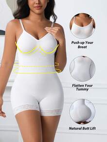 1pc Women Seamless Lace Shapewear Jumpsuit With Spaghetti Straps, Tummy Control, Bust Lift, Butt Lift - White - View 1