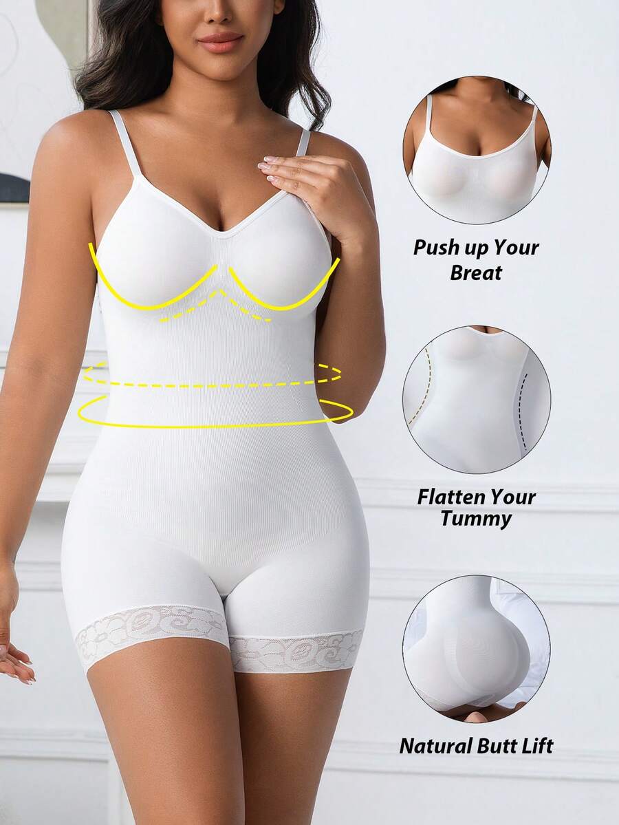 1pc Women Seamless Lace Shapewear Jumpsuit With Spaghetti Straps, Tummy Control, Bust Lift, Butt Lift - White - View 1