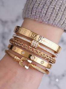 5/1pcsQuiet‑Luxury Stack Bracelet Set, Gold‑Tone Heart Pendant Roman Numeral Zirconia Stainless Steel Bangles For Daily Outfit & Trips - Gold - View 4
