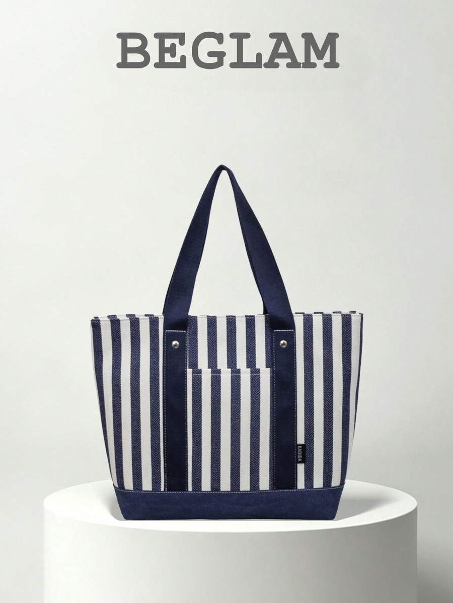 Fashionable Large Capacity Striped Shoulder Tote Bag, Multi-Functional Pockets, Suitable For Women Shopping, Commuting And Daily Use, Suitable For Students Back To School - Blue - View 1