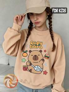 Autumn Girls Crew Neck Long Sleeve Sweatshirt With Cute Cartoon Bear Print Featuring Capybara, Orange, Burger, Fries And Fish Bone Decoration - Apricot - View 3