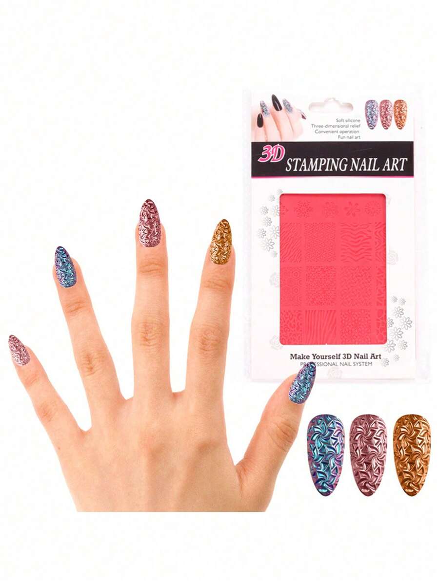 1pc Red Silicone Nail Art Mold, 3D Embossed Pattern Nail Art Pad, DIY Nail Carving Styling Tool, Suitable For Daily Nail Art And DIY Creation - Red - View 1
