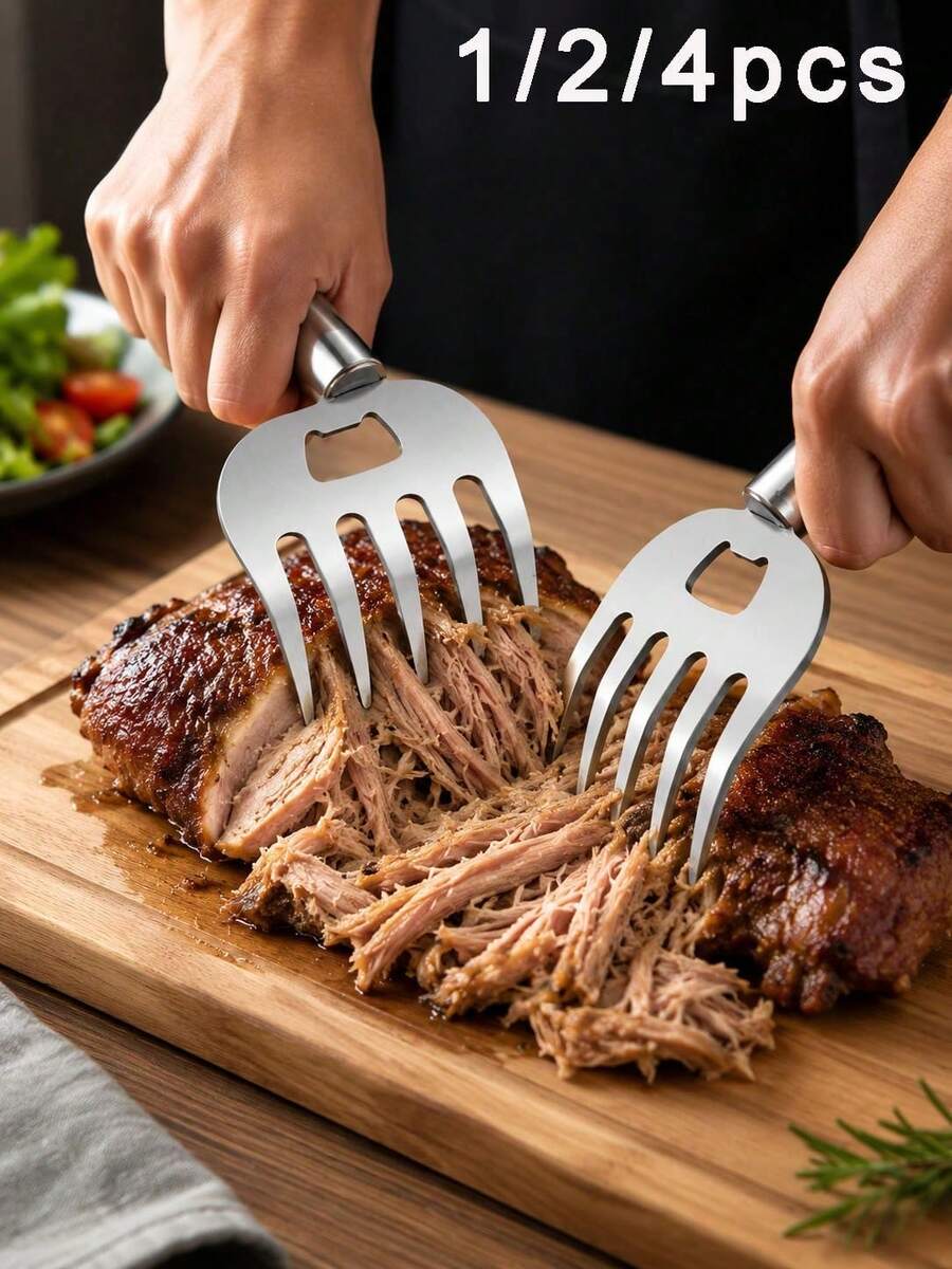 1/2/4pcs Thickened Stainless Steel Bear Claw Meat Shredder, One-Piece Molded Rust-Resistant & Corrosion-Resistant, 5 Sharp Teeth Firm Grip, Non-Slip Meat Cutting & Shredding, Suitable For Kitchen Beginners