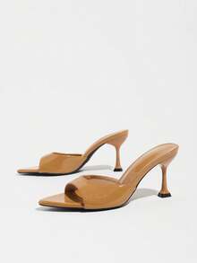 Women's Brown Glossy Pointed Toe Kitten Heel Mule Sandals, Slip-On Open Toe Evening Party Slippers - Brown - View 5