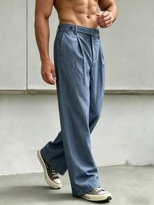 Japanese Style Textured Denim Effect Trousers Men's Loose Wide Leg Straight Leg Pants Mature Versatile Casual Long Pants - Blue - View 4