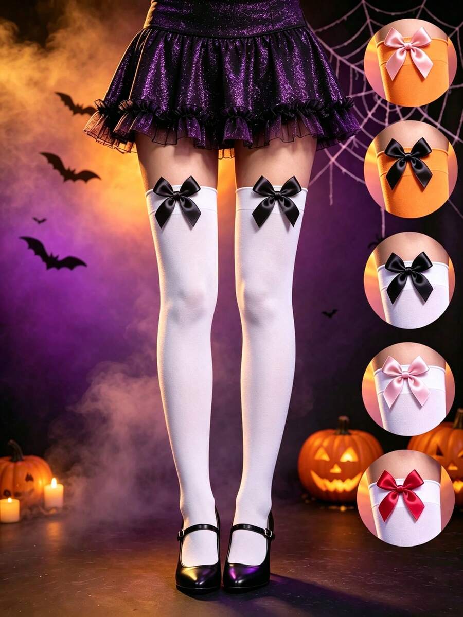1 Pair Women's Velvet Anti-Slip Knee-High Socks With Satin Bow, Multiple Colors Available, Suitable For Party And Gathering, Ideal Gift Choice - Multicolor - View 1