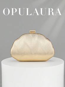 OpulAura 女款極簡貝殼盒型奢華 PU 皮革晚宴手拿包，優雅迷人的晚禮服包，閃亮雞尾酒會晚宴手提包，正式派對包，浪漫婚禮鏈條手拿包 - 金色 - 查看 1