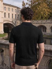 Men's Textured Knit Short Sleeve Polo Shirt, Casual Slim Fit Style With Button Placket, Suitable For Daily Wear - Black - View 2