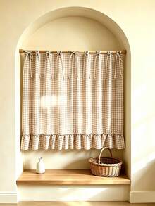1pc Green & White Plaid Short Curtain, Fresh Vintage Polyester Fiber Rectangular Tie-Up Pleated Lace Edge Dust-Proof Curtain Suitable For Kitchen Window, Oven, Cabinet, Daily Home Use, Spring/Summer, Back To School, School Supplies, Dorm Decor, College Decor - Brown - View 8