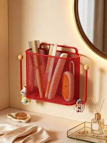 1pc Wall-Mounted Storage Basket, Minimalist Wire Mesh Rectangular Storage Basket With Side Hooks, No-Drill Wall Hanging Shelf, Suitable For Bathroom, Bedroom, Dormitory, Home Daily Storage - Multicolor - View 6
