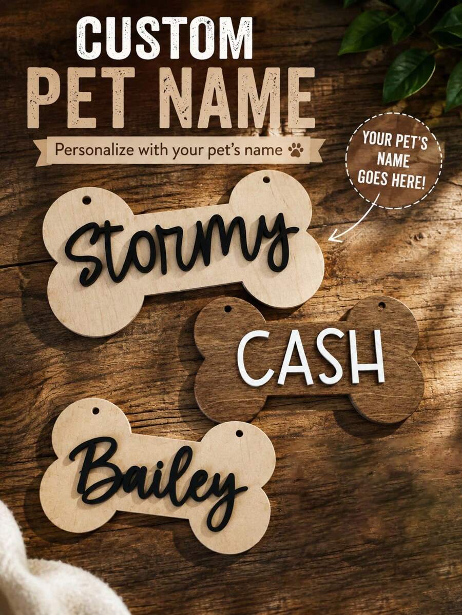 Personalized Wooden Pet Name Tag, Customized Bone-Shaped Dog Nameplate, Rustic Style Pet Room Decor, Suitable For Cats, Dogs And Pet Lovers Customized Name Gift - Multicolor - View 1