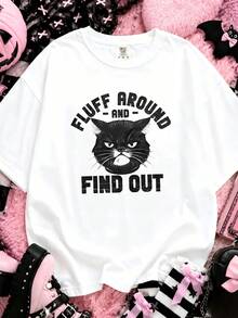 Goth‑Adjacent Subculture Cotton Stern‑Faced Cat Statement Tee Edgy Daily Fits For Concert And Subculture Gathering Occasions - White - View 1