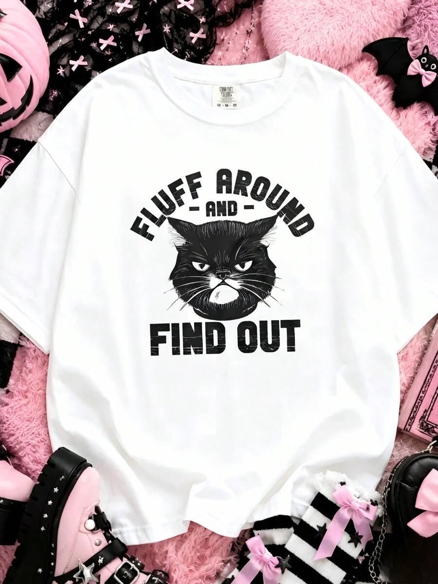 Goth‑Adjacent Subculture Cotton Stern‑Faced Cat Statement Tee Edgy Daily Fits For Concert And Subculture Gathering Occasions - White - View 1