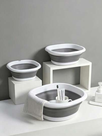 3pcs/1pc Grey Foldable Basin (Face Wash Basin/Vegetable Wash Basin/Foot Soak Basin) - Easy To Clean, Lightweight And Foldable, Suitable For Home, Dormitory And Outdoor Camping Travel; Can Be Used As Camping Wash Basin, Household Laundry Basin, Water Bucket, Water Storage Container, Fruit And Vegetable Wash Basin Or Cleaning Tool - Thickened Plastic Foldable Foot Soak Basin And Face Wash Basin - Essential For Back To School, Halloween And Christmas Gifts.