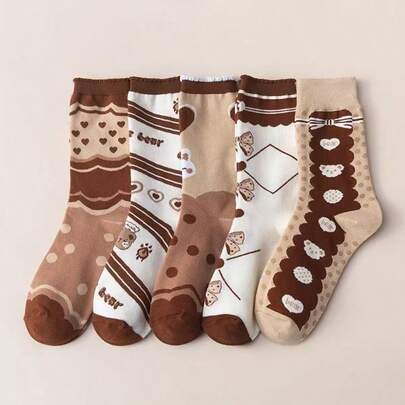 5 Pairs Women's Brown Tone Sweet Heart Bow Cartoon Combo College Style Comfortable Breathable Mid-Calf Socks
