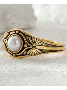 Gmzalx Vintage Embossed Ring With Faux Pearl Round Main Stone, Bohemian Style Handmade Fashion Jewelry For Women - Gold - View 5