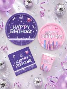 10pcs/20pcs/50pcs/80pcs Birthday Party Supplies, Pink & Purple Music City Theme Tableware Set, 7/9 Inch Paper Plates, 3.5 Inch Cups, 6.5 Inch Napkins, Happy Birthday Party Decorations, Party Tableware - Multicolor a - View 3