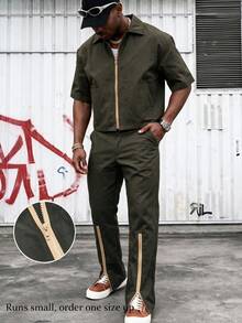 Men's Lightweight Comfortable Polyester Fabric Short Sleeve & Long Pants Set, Minimalist Street Style, Casual Outdoor Daily Wear, Summer - Army Green - View 12