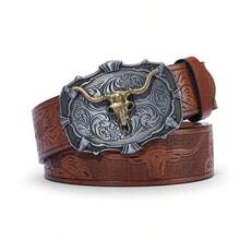 1pc Men's Casual PU Leather Belt, All Season, Western Cowboy Vintage Carved Print Design - Multicolor - View 9