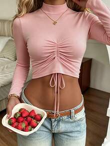 Women's Pink Long Sleeve Cropped Top, Drawstring Stand Collar, Woven Fabric, Medium Stretch, Regular Hem - Pink - View 4