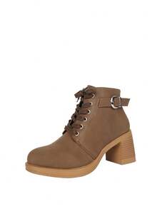 1 Pair Women's Brown Chunky Heel Ankle Boots, Lace-Up Side Zipper Buckle Round Toe Fashion Ankle Boots - Brown - View 8