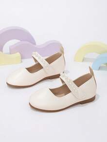 1 Pair Girls' Beige Pearl Hook & Loop Mary Jane Shoes, Suitable For Spring/Autumn Daily Wear, Vacation, Picnic - Beige - View 2