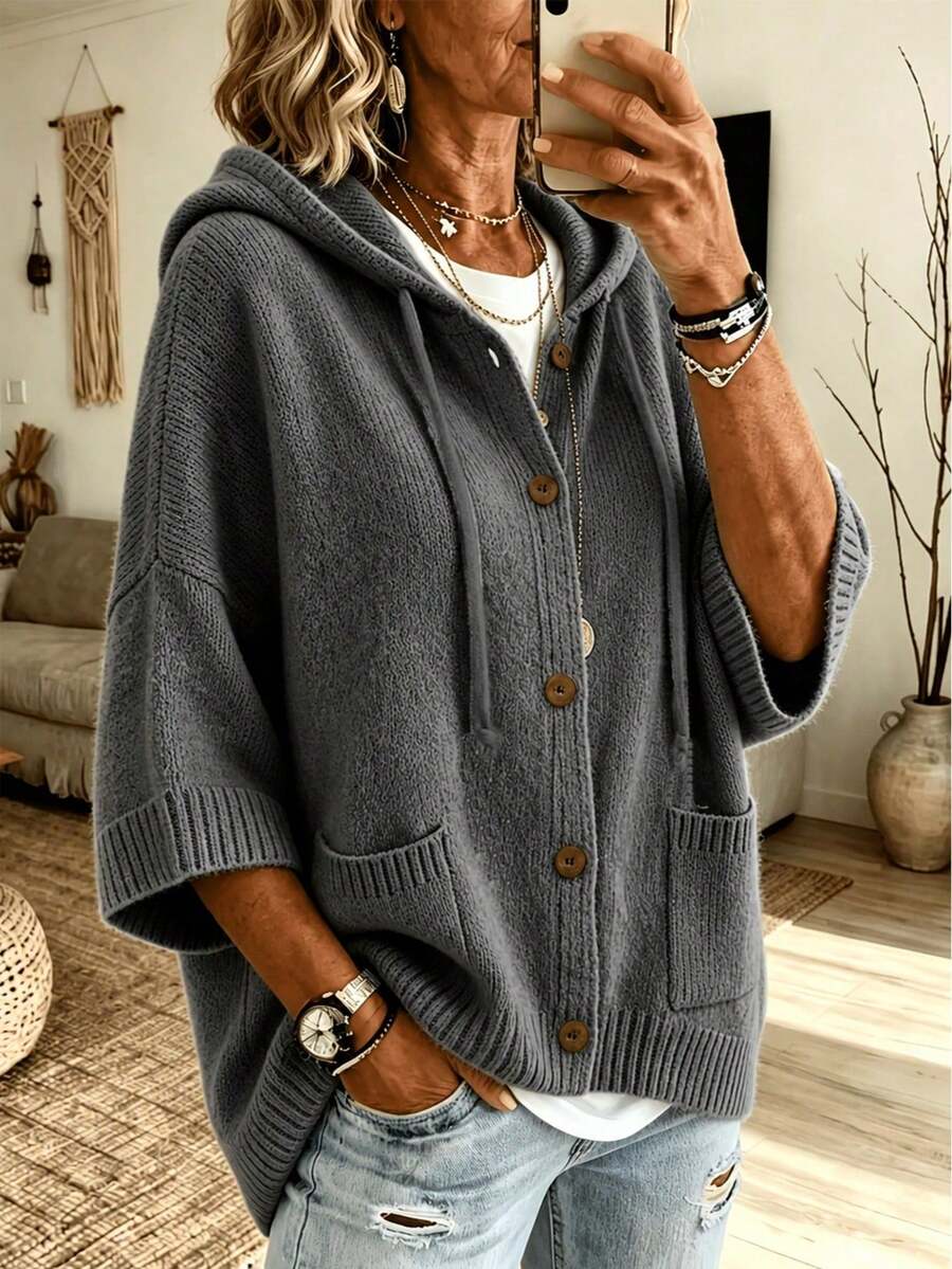 大尺碼女款優雅休閒連帽衛衣,蝙蝠袖短袖中袖套頭針織上衣,毛茸茸純色柔軟保暖衛衣,極簡百搭 - 灰色 - 查看 1