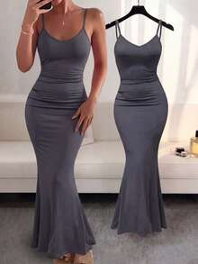 1pc Women's Elegant Fitted Sleeveless Knit Dress With Spaghetti Straps, Suitable For Party And Formal Occasions, Grey Summer - Dark Grey - View 2