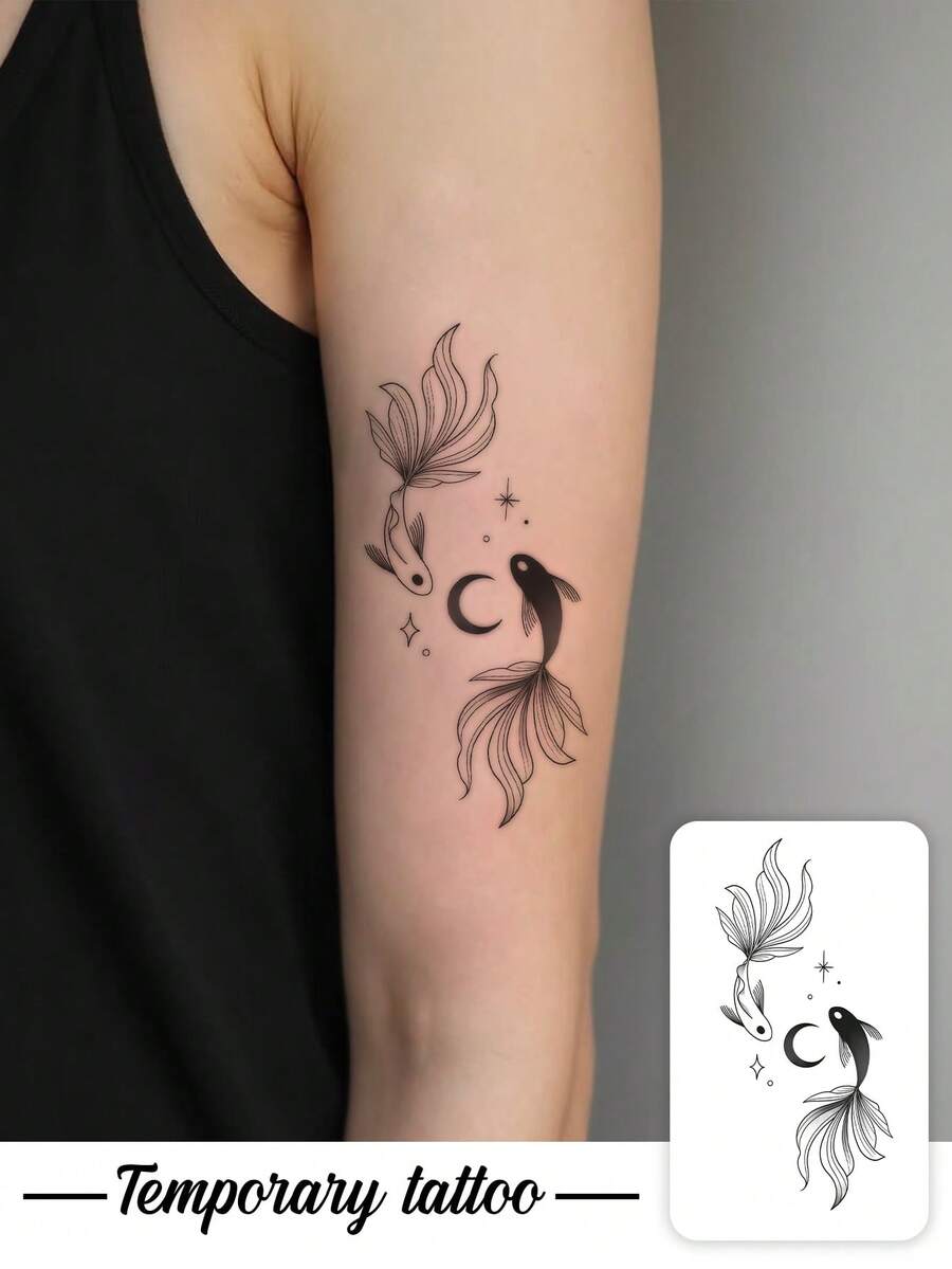 1pc Temperature‑Sensitive Color‑Changing Moon & Koi Fish Temporary Tattoo Sticker, Realistic Fake Tattoo Design, Suitable For Daily Wear, Bachelorette Party Favors, Music Festivals, Games, Graduation Gifts, Lasts 3‑5 Days - Multicolor - View 1