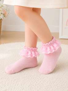 1 Pair Infant Toddler Ruffle Edge Socks, Little Girl Dance Versatile Solid Color Lace Socks - Pink - View 3