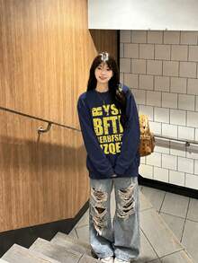 Japanese Letter Print Crew Neck Sweatshirt For Women, Navy Blue Long Sleeve Top For Autumn/Winter, Suitable For Casual Streetwear - Navy Blue - View 2
