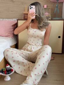 2pcs Ditsy Floral Women's Camisole Crop Top + Straight Leg Elastic Waist Long Pants Pajama Set, Cute Homewear - Yellow - View 8