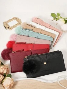 Dengan hiasan pom-pom, dompet panjang ultra tipis yang modis, dompet yang dapat memuat ponsel kecil, cocok untuk aktivitas luar ruangan dan perjalanan. - Burgundy - View 2
