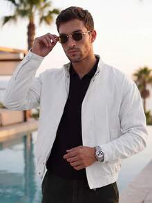 Men's Pure White Stand Collar Bomber Jacket, Elastic Hem Zipper Pockets Casual Short Jacket - White - View 8