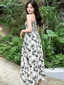 YCYC Casual Floral Print Cinched Waist Spaghetti Strap Dress - White - View 2