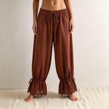 Women Bloomer Pants Drawstring Waist Eyelet Lace Cuff Cozy Harem Trousers - Light Brown - View 6