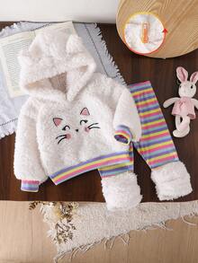 2pcs Baby Girl Casual Cute Cartoon Rabbit Smiling Face Embroidered Double-Sided Fleece Contrast Color Striped Long Sleeve Hooded Sweatshirt And Pants Set Autumn/Winter - White - View 2