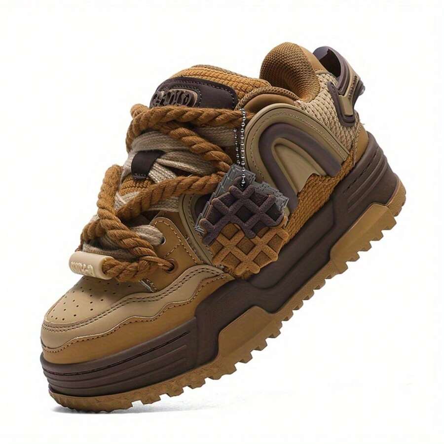 Botas De Invierno Para Mujer  Caramel Brown/Pudding Yellow Thick Soled Skateboarding Shoes, Thick Laces [Sneakers] Casual Sports Skateboarding Shoes, - Rust - View 1