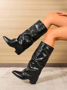 Women's Vintage Pointed Toe Ruched Shaft Boots, Unique Pleated Design, Chunky Heel Mid-Calf Boots, Street Style Slimming Long Boots - Black - View 3