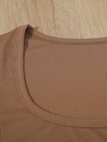 Women's Ribbed Long Sleeve Crop Top And Slit Midi Skirt Set, Casual Elegant Two Pieces Outfit, Autumn Essential - Coffee Brown - View 4