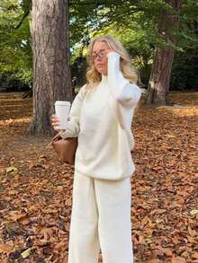 時尚簡約女款純白色羅紋針織鬆身長領毛衣套裝，搭配針織寬腿長褲，休閒舒適秋冬居家保暖穿搭 - 米色 - 查看 3