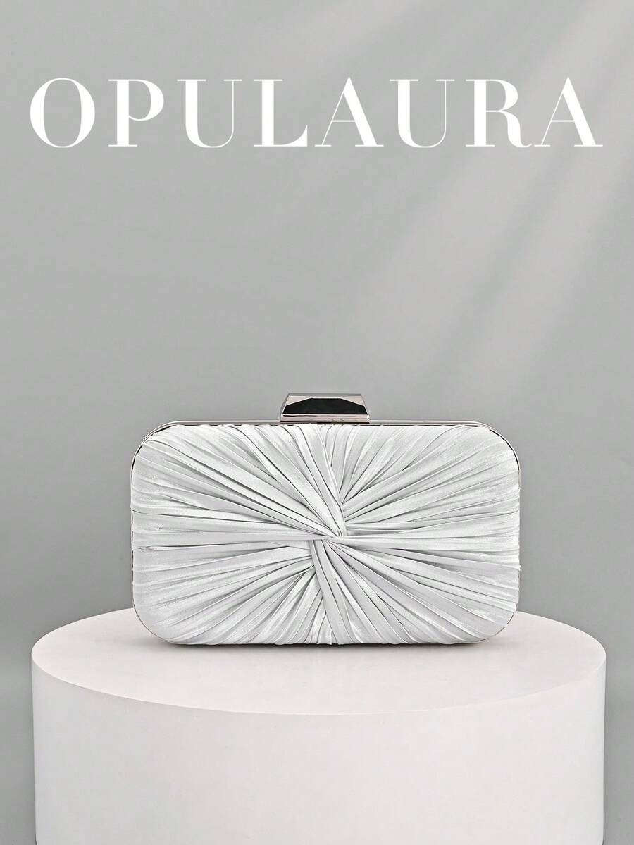OpulAura 1pc Vintage Elegant Satin Clutch Bag, Pleated Twist Design Fashion Evening Dress Purse, Charming & Refined Formal Party Handbag, Luxury Box Style Small Bag, Suitable For Party/Wedding/Formal Occasion Dinner, With Chain Strap For Shoulder Or Crossbody Wear - Silver - View 1