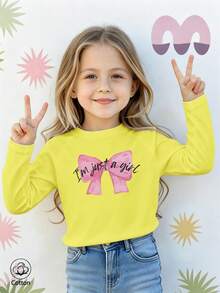Girls Cotton Raglan Long Sleeve Tee For Fall Winter, Pink Bow Print With Black Lettering, Sweet Preppy Style - Bright Yellow - View 2