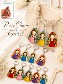 10pcs Colorful Crochet Style Virgin Mary Keychain, 2D Flat Acrylic Floral Praying Girl Pendant, Cute Religious Faith Bag Charm, Car Key Chain Accessory, Suitable For Daily Commute, Church Gathering, Baptism, Religious Memorial, Holiday Party And Faith Gift - Multicolor - View 12