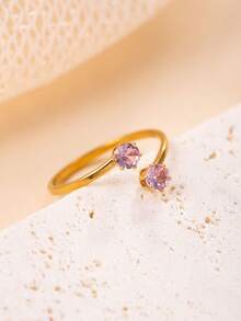 1/5pcs Double Colorful Rhinestone Open Ring For Women, Minimalist High-End Stainless Steel Non-Fading Zirconia Thin Ring, Stackable Decorative Finger Ring, Holiday Gift, Daily Commute Jewelry - Gold - View 6