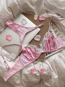 Women's Satin Lace Lingerie Set, Underwire Bra And Thong, Sweet Floral Eyelash Lace Lingerie - Pink - View 8