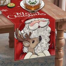 1pc Christmas Table Runner, Red Background With Santa Claus, Reindeer, Merry Christmas Letter And Snowflake Print, Suitable For Holiday Dining Table Home Decor, Accessories Not Included - Red - View 3