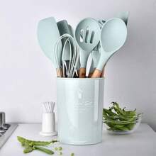 12 PCS Silicone Cooking Tools With Wooden Handle, Kitchen Utensil Set, Cooking Utensils Set Heat Resistant & Non-Scratch For Nonstick Pans, Utensil Set Includes Spatula, Spoon & Tongs, Kitchen Accessor - Grey - View 2