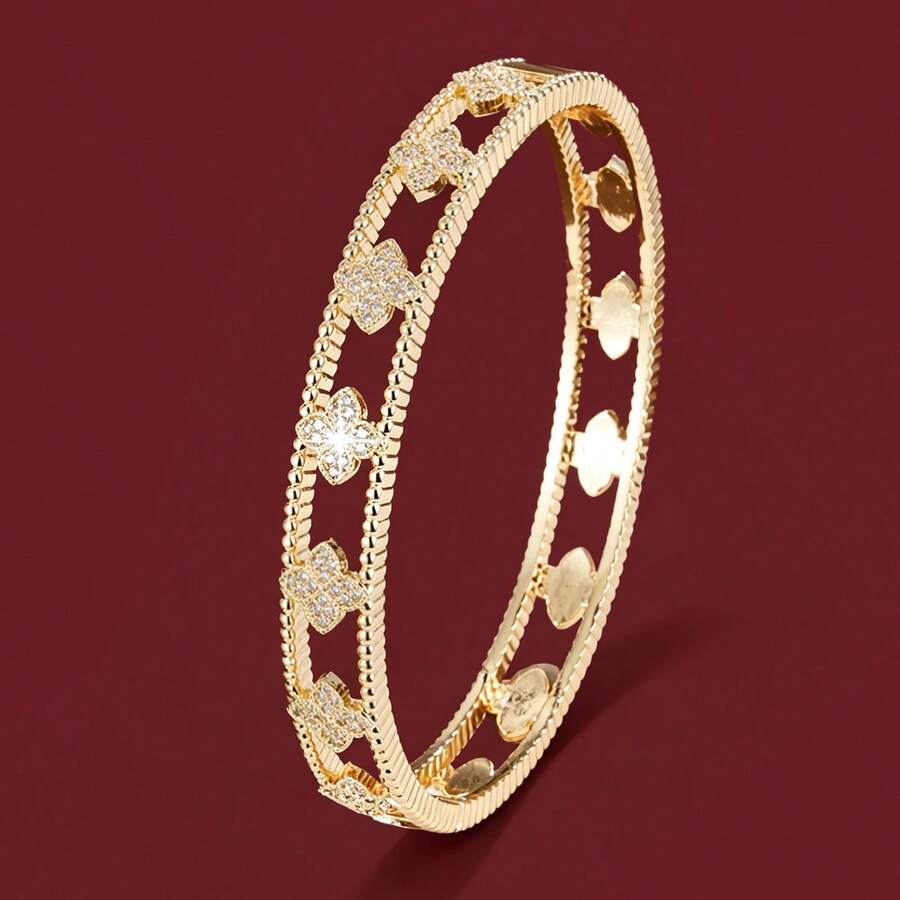 1pc Exquisite Hollowed-Out Flower Design Inlaid Cubic Zirconia Women Bracelet Valentines - Multicolor - View 1
